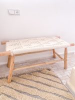 White Cord Bench handcrafted from solid wood with a handwoven white cord seat