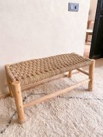 Moroccan Palm Leaf Bench handcrafted from solid eucalyptus wood with a handwoven palm leaf seat