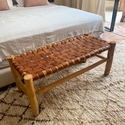 Moroccan Brown Leather Bench handcrafted from solid wood with a genuine brown leather seat