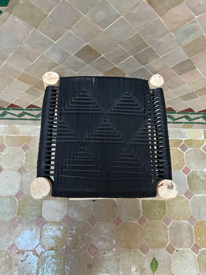 Small Black Rope Stool handcrafted from solid wood with a handwoven black rope seat