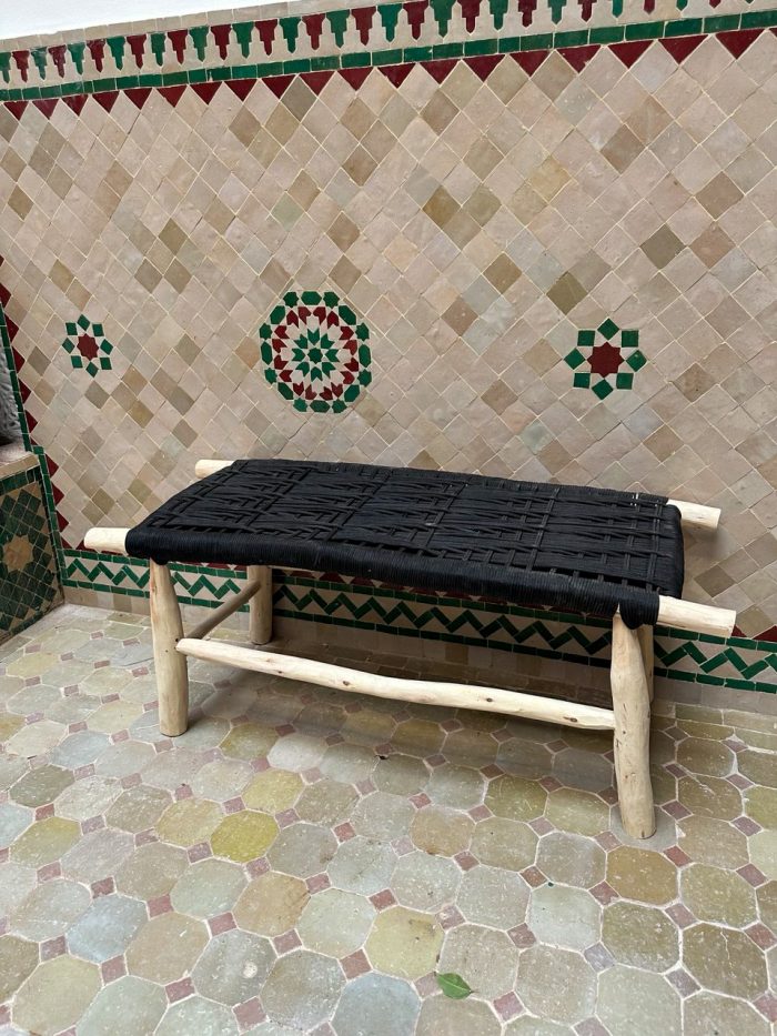 Handwoven Black Cord Bench handcrafted from solid eucalyptus wood with a woven black cord seat