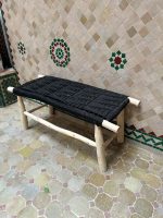 Handwoven Black Cord Bench handcrafted from solid eucalyptus wood with a woven black cord seat