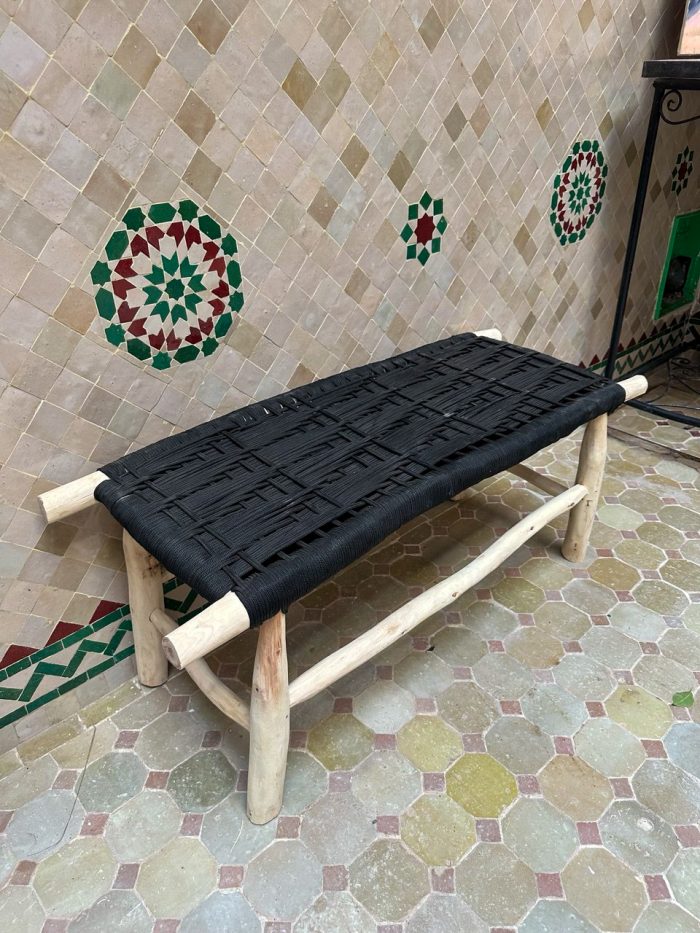 Handwoven Black Cord Bench handcrafted from solid eucalyptus wood with a woven black cord seat