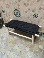 Handwoven Black Cord Bench handcrafted from solid eucalyptus wood with a woven black cord seat