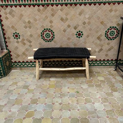 Handwoven Black Cord Bench handcrafted from solid eucalyptus wood with a woven black cord seat