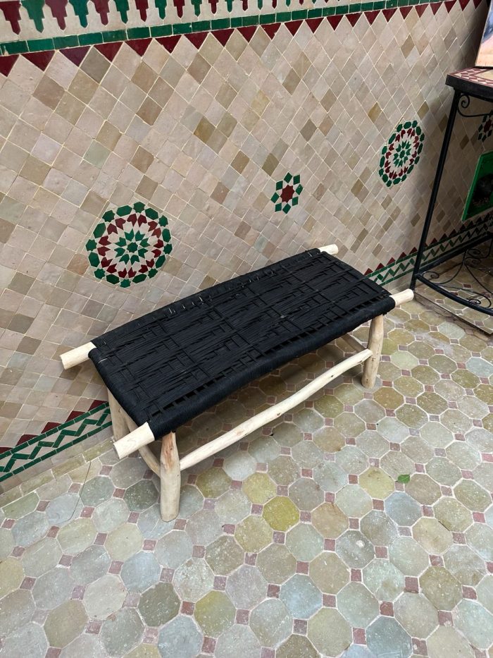 Handwoven Black Cord Bench handcrafted from solid eucalyptus wood with a woven black cord seat