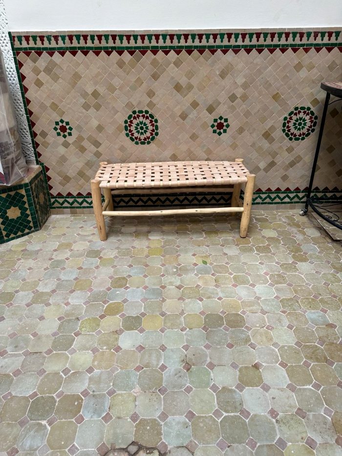 Moroccan Natural Leather Bench handcrafted from solid wood with a genuine natural leather seat