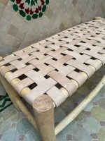 Moroccan Natural Leather Bench handcrafted from solid wood with a genuine natural leather seat