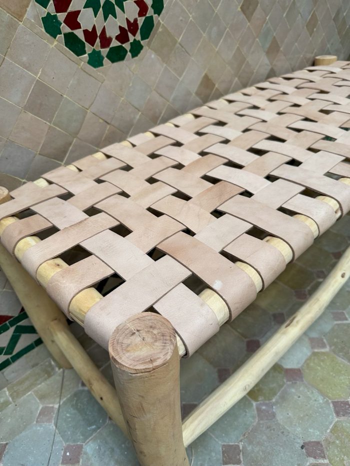 Moroccan Natural Leather Bench handcrafted from solid wood with a genuine natural leather seat