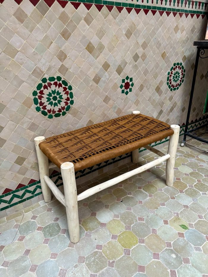 Caramel Brown Cord Bench handcrafted from solid eucalyptus wood with a handwoven caramel brown cord seat