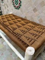 Caramel Brown Cord Bench handcrafted from solid eucalyptus wood with a handwoven caramel brown cord seat