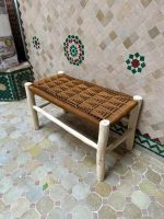 Caramel Brown Cord Bench handcrafted from solid eucalyptus wood with a handwoven caramel brown cord seat