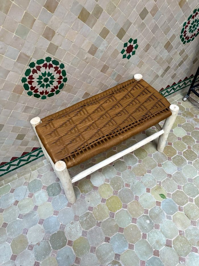 Caramel Brown Cord Bench handcrafted from solid eucalyptus wood with a handwoven caramel brown cord seat