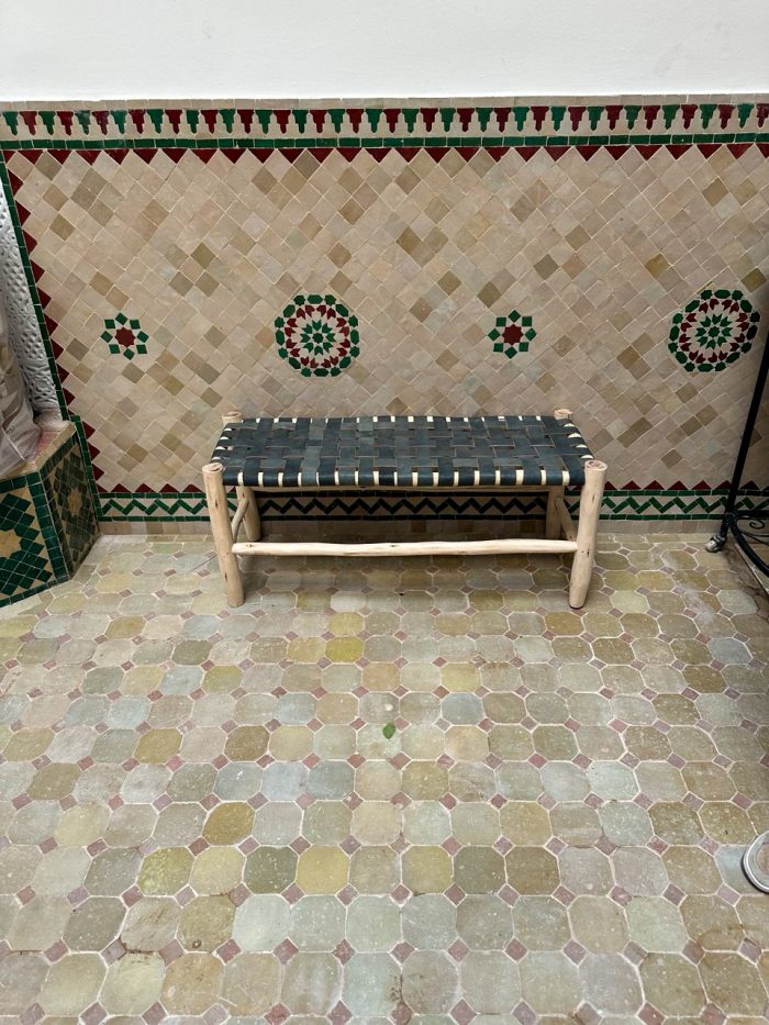 Moroccan Black Leather Bench handcrafted from solid wood with a genuine black leather seat