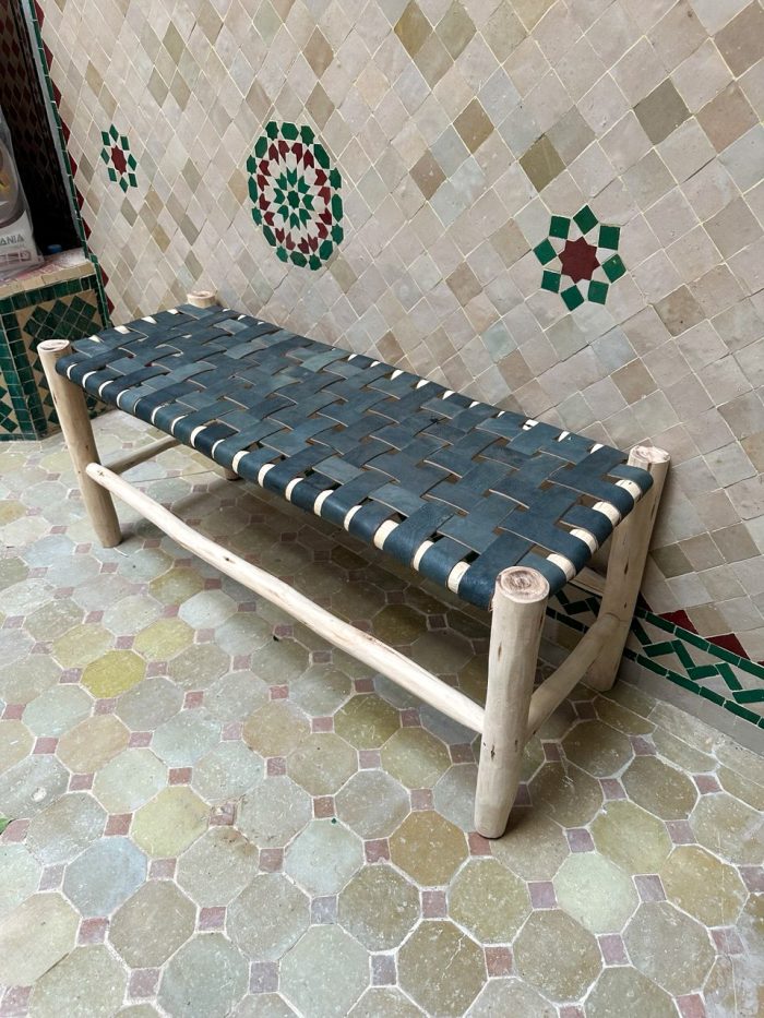 Moroccan Black Leather Bench handcrafted from solid wood with a genuine black leather seat
