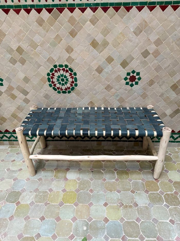 Moroccan Black Leather Bench handcrafted from solid wood with a genuine black leather seat