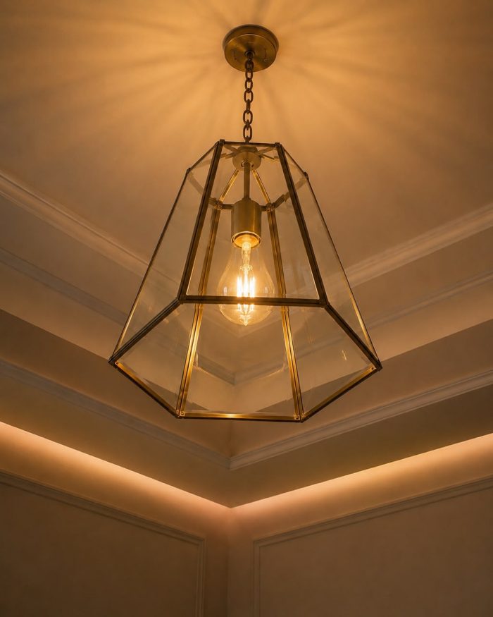 Handmade trapezoid glass pendant light with clear panels and geometric metal frame hanging from ceiling.