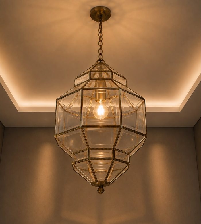 Moroccan Glass Lantern Pendant Light with clear glass panels and handmade geometric metal frame