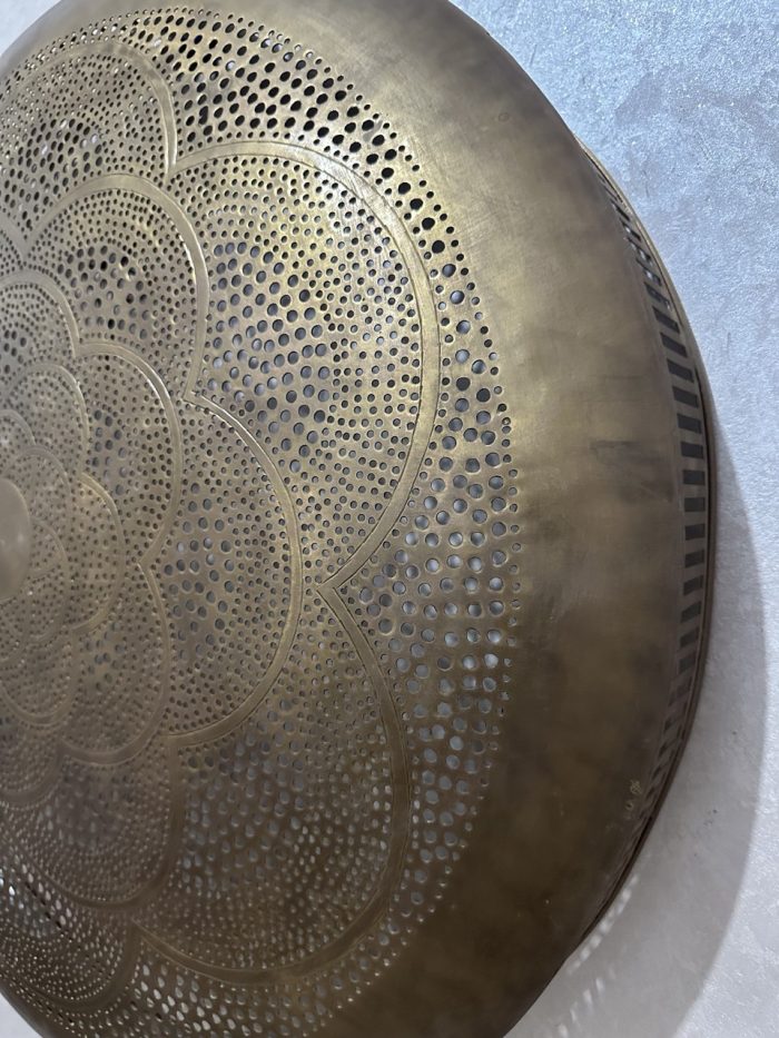 Moroccan Brass Flower Wall Light with handmade pierced rosette pattern and warm decorative glow