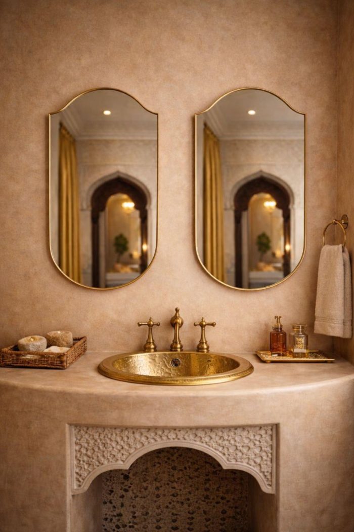 Handmade curved crown brass wall mirror with softly arched top and solid brass frame above bathroom vanity.