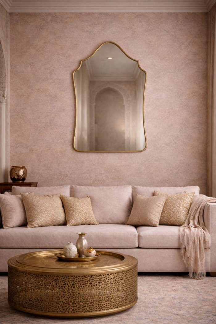 Handmade sculptural crown brass wall mirror with rounded arch top above a bathroom vanity.