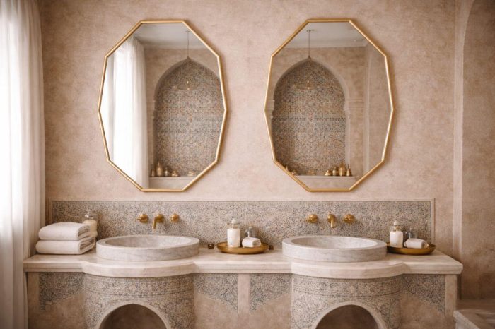 Handmade octagonal brass wall mirror with elongated geometric shape and solid brass frame above bathroom vanity.