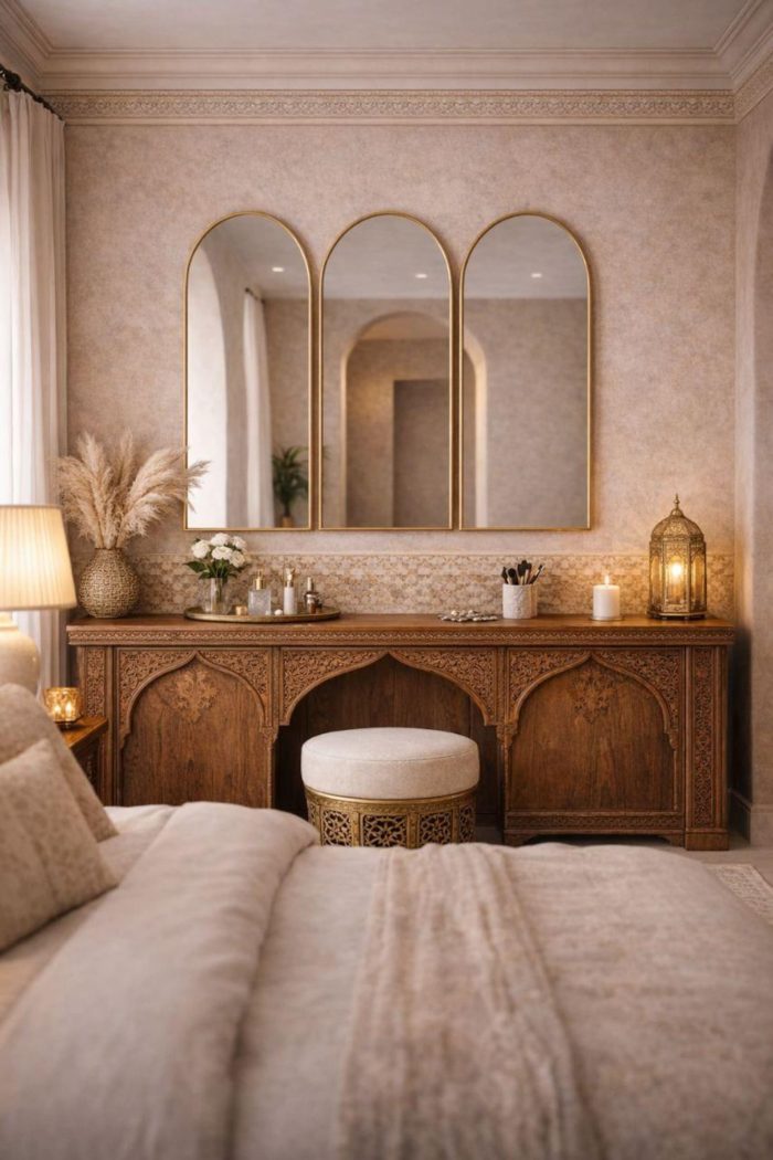 Set of 3 handmade arched brass wall mirrors with slim solid brass frames above a double bathroom vanity.