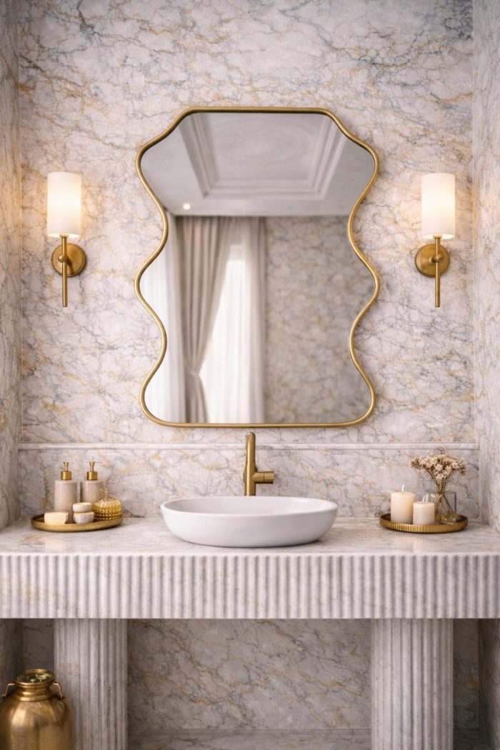 Sculptural wavy brass wall mirror with solid brass frame and clear glass above bathroom vanity.