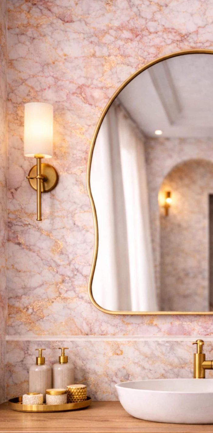 Handmade organic curved brass vanity mirror with freeform solid brass frame in bathroom interior.