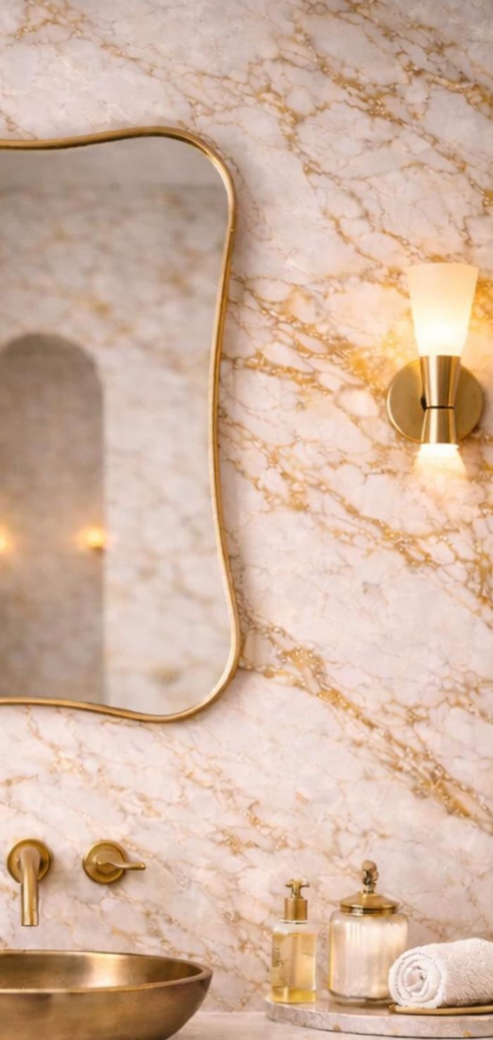 Handmade wavy rectangle brass wall mirror with organic curved edges and solid brass frame above bathroom vanity.