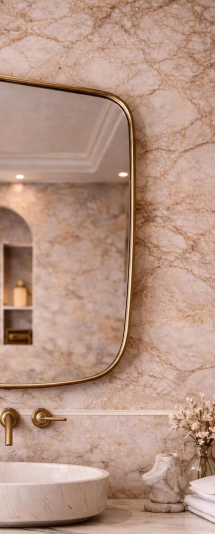 Rounded Rectangle Brass Mirror with solid brass frame and clear glass for bathroom vanity