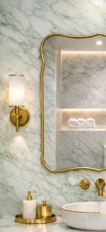 Handmade Curved Edge Brass Mirror with sculpted frame in tiled bathroom