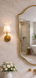 Handmade Curved Shield Brass Mirror with brass frame above wooden bathroom vanity