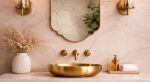 Scalloped Arch Brass Mirror above brass vessel sink and green tiled bathroom wall