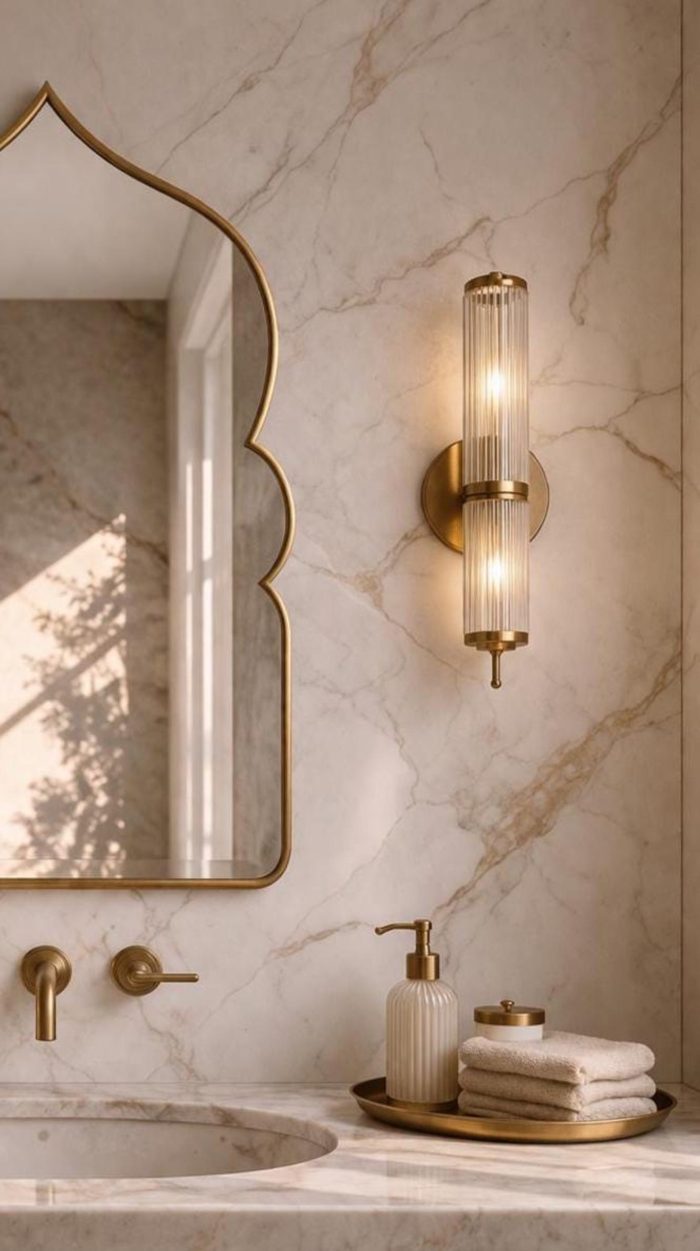 Moroccan Arch Brass Mirror with pointed Moorish shape above bathroom vanity