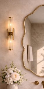 Wavy Brass Bathroom Mirror with handmade brass frame above bathroom vanity