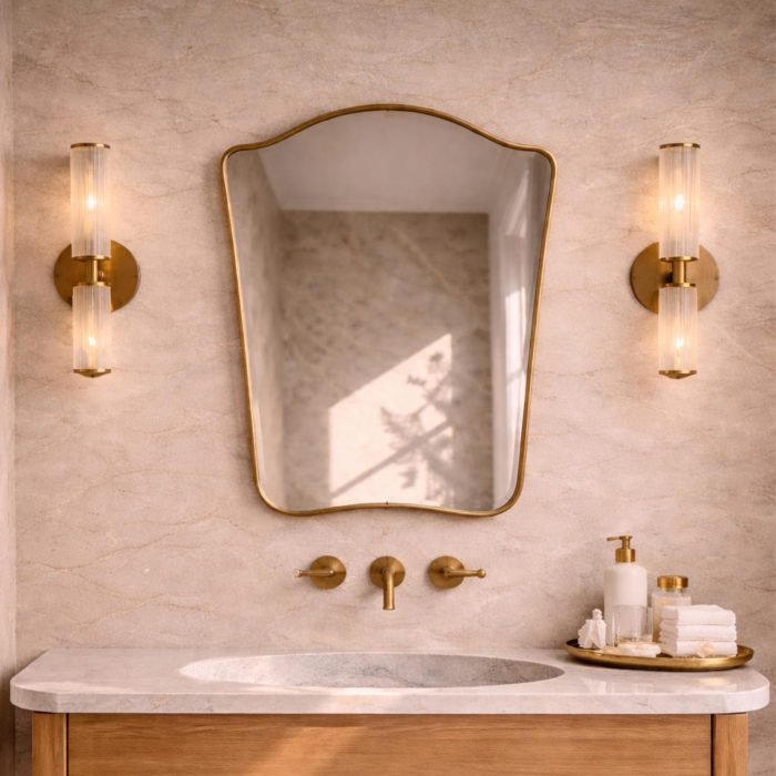 Handmade Curved Brass Bathroom Mirror with Moroccan brass frame