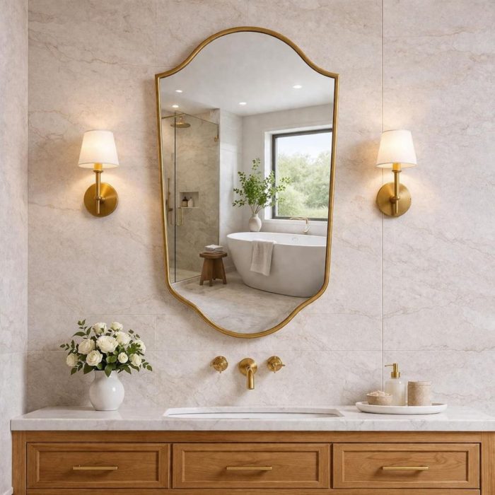 Handmade Curved Shield Brass Mirror with brass frame above wooden bathroom vanity