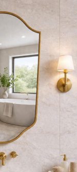 Handmade Curved Shield Brass Mirror with brass frame above wooden bathroom vanity