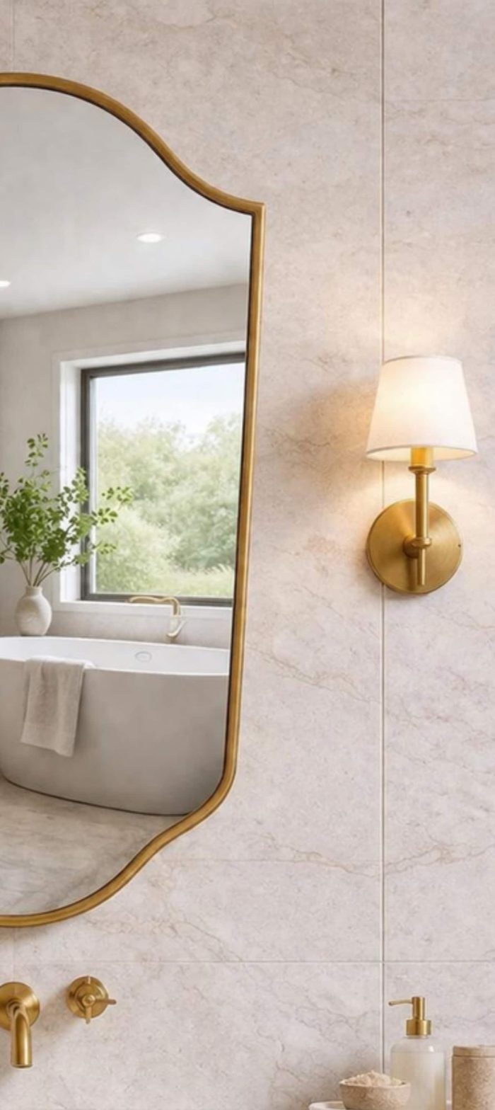 Handmade Curved Shield Brass Mirror with brass frame above wooden bathroom vanity