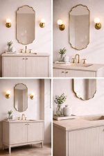 Handmade Moroccan Scalloped Brass Mirror with decorative floral shape above bathroom vanity
