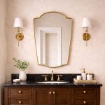 Handmade Crowned Arch Brass Mirror with slim brass frame in bathroom