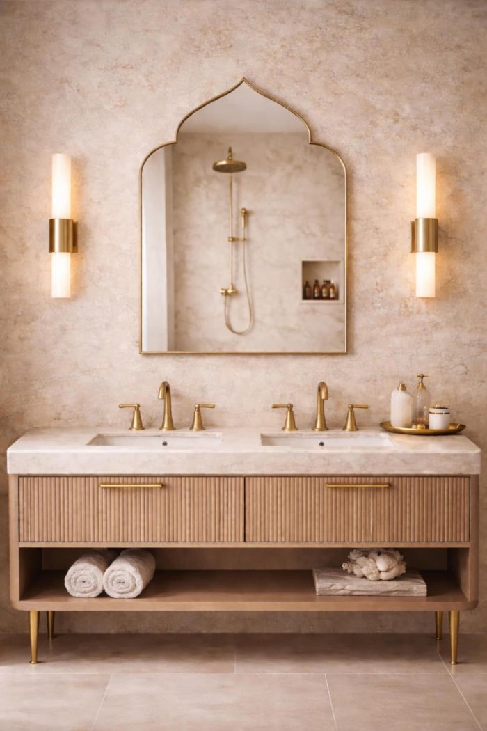 Handmade pointed arch brass wall mirror with curved shoulders and slim solid brass frame above a double bathroom vanity.