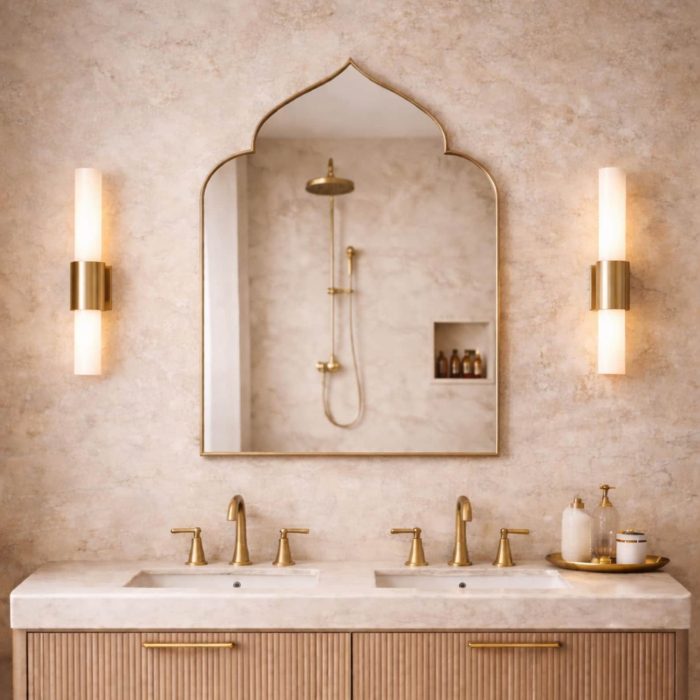 Handmade pointed arch brass wall mirror with curved shoulders and slim solid brass frame above a double bathroom vanity.