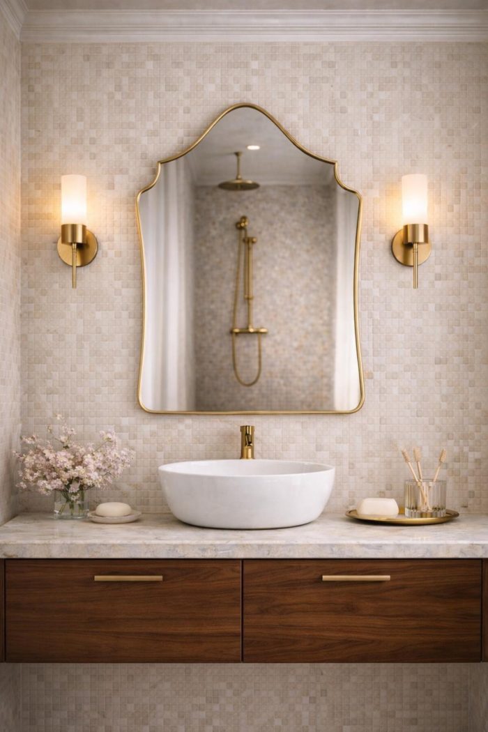 Handmade sculptural crown brass wall mirror with rounded arch top above a bathroom vanity.