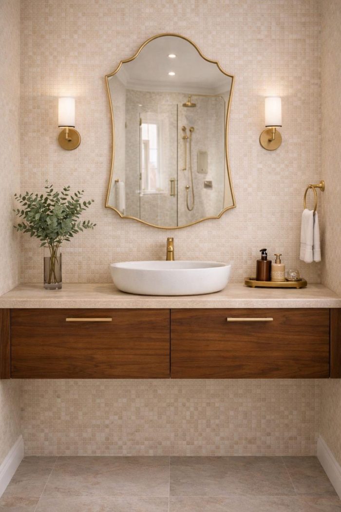 Moroccan Brass Mirror with decorative curved frame above bathroom vanity