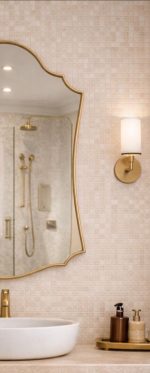 Moroccan Brass Mirror with decorative curved frame above bathroom vanity
