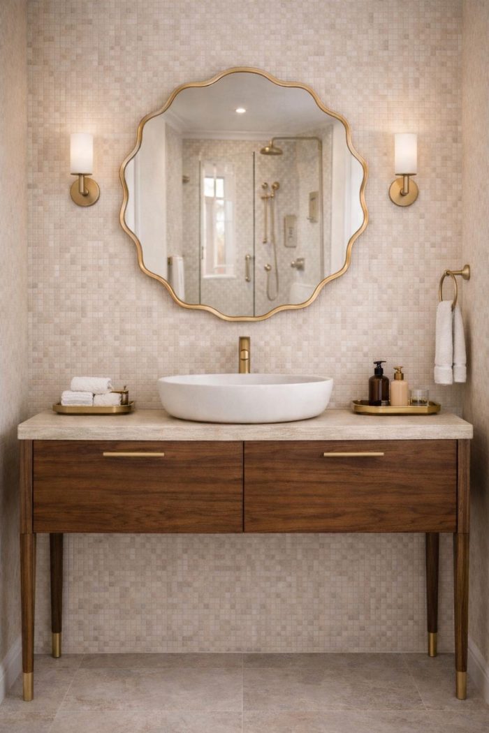 Flower Brass Mirror handcrafted with a scalloped solid brass frame for bathroom wall décor