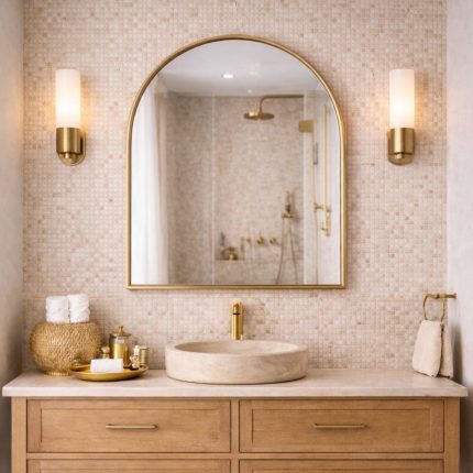 Handmade arched brass wall mirror with slim gold brass frame displayed above a Moroccan bathroom vanity.
