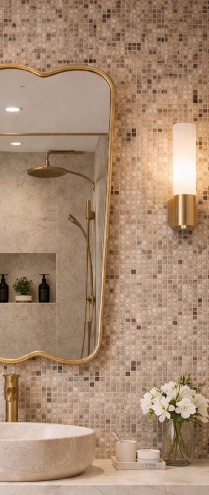 Triple Curve Brass Mirror with sculpted edges and slim handcrafted brass frame